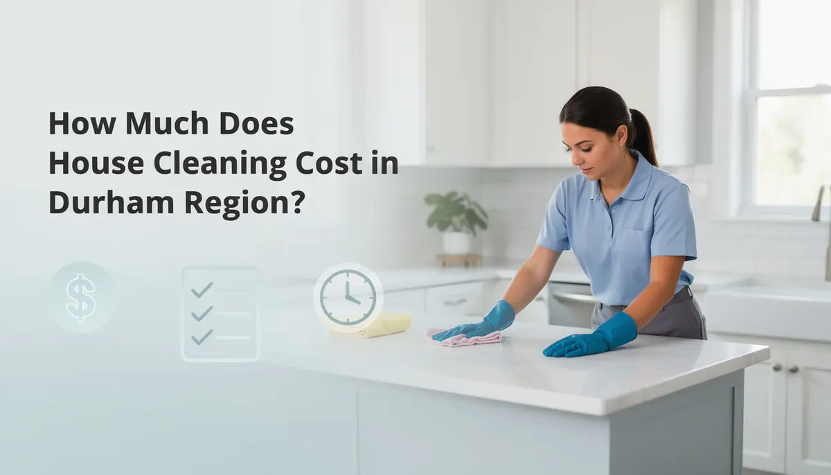 Professional cleaner in uniform wiping a kitchen counter, showing house cleaning services and costs in Durham Region