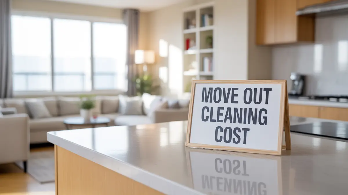 Move Out Cleaning Cost' sign on kitchen counter in modern apartment, discussing move out cleaning cost for end of lease