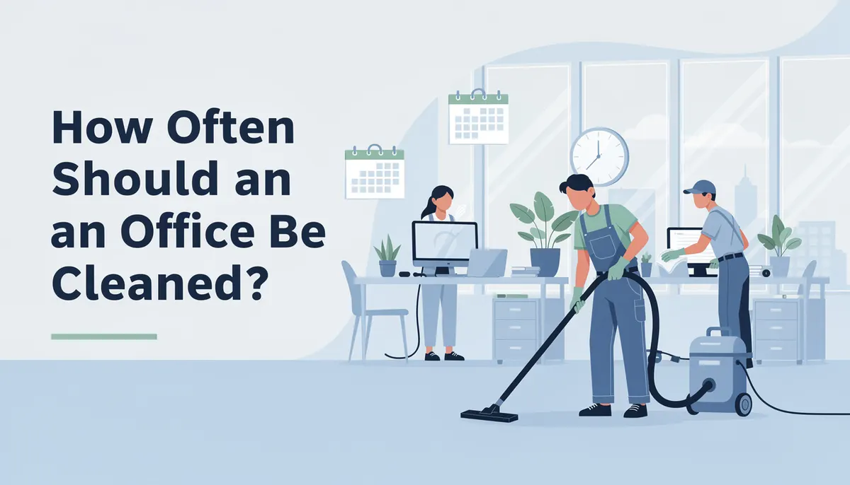 Office cleaners vacuuming floors and sanitizing desks in a bright workspace during routine commercial cleaning