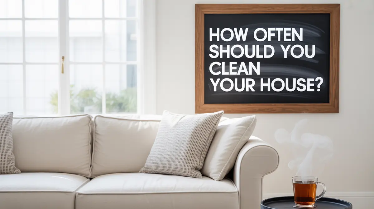 Chalkboard in living room reads 'How often should you clean your house?' by sofa, for cleaning schedule advice