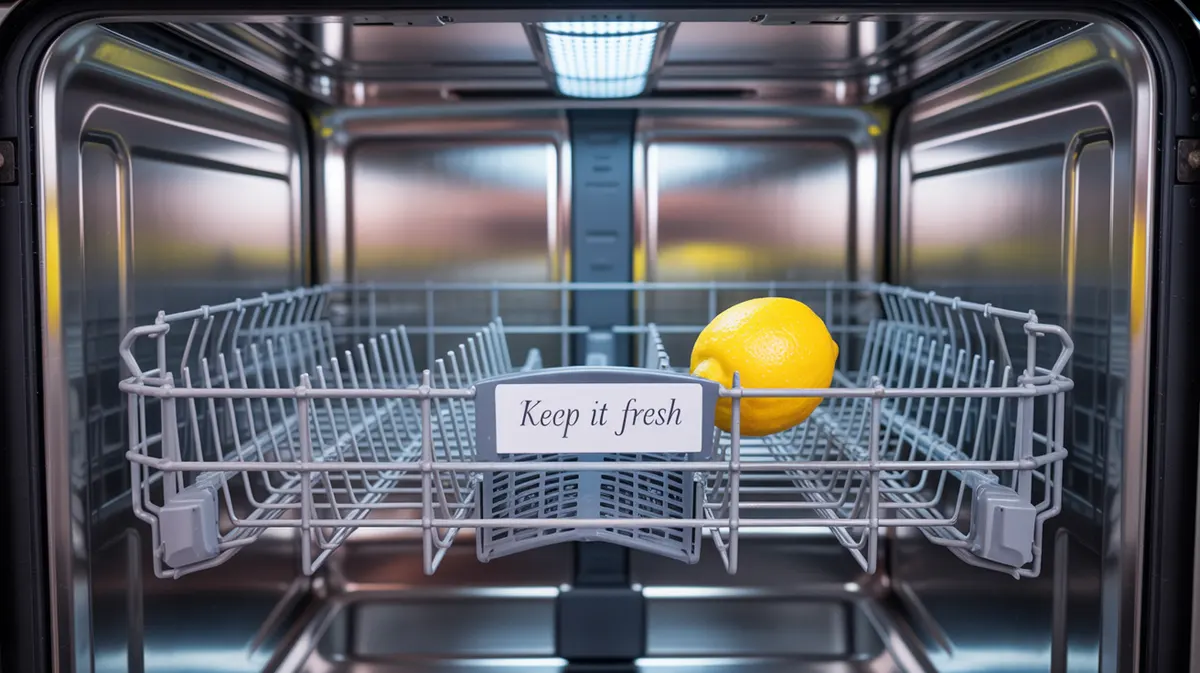 Fresh lemon on an empty dishwasher rack with keep it fresh sign for effective maintenance and odor prevention