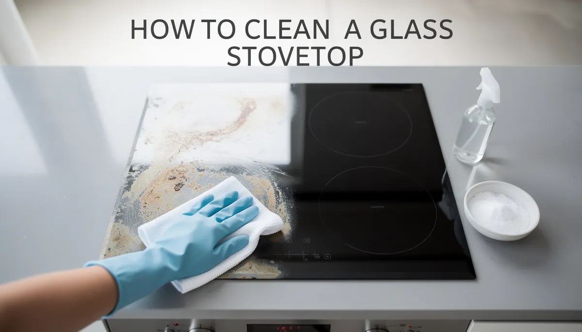 Gloved hand wiping stains from a glass stovetop using a cloth, with baking soda and spray bottle nearby for effective