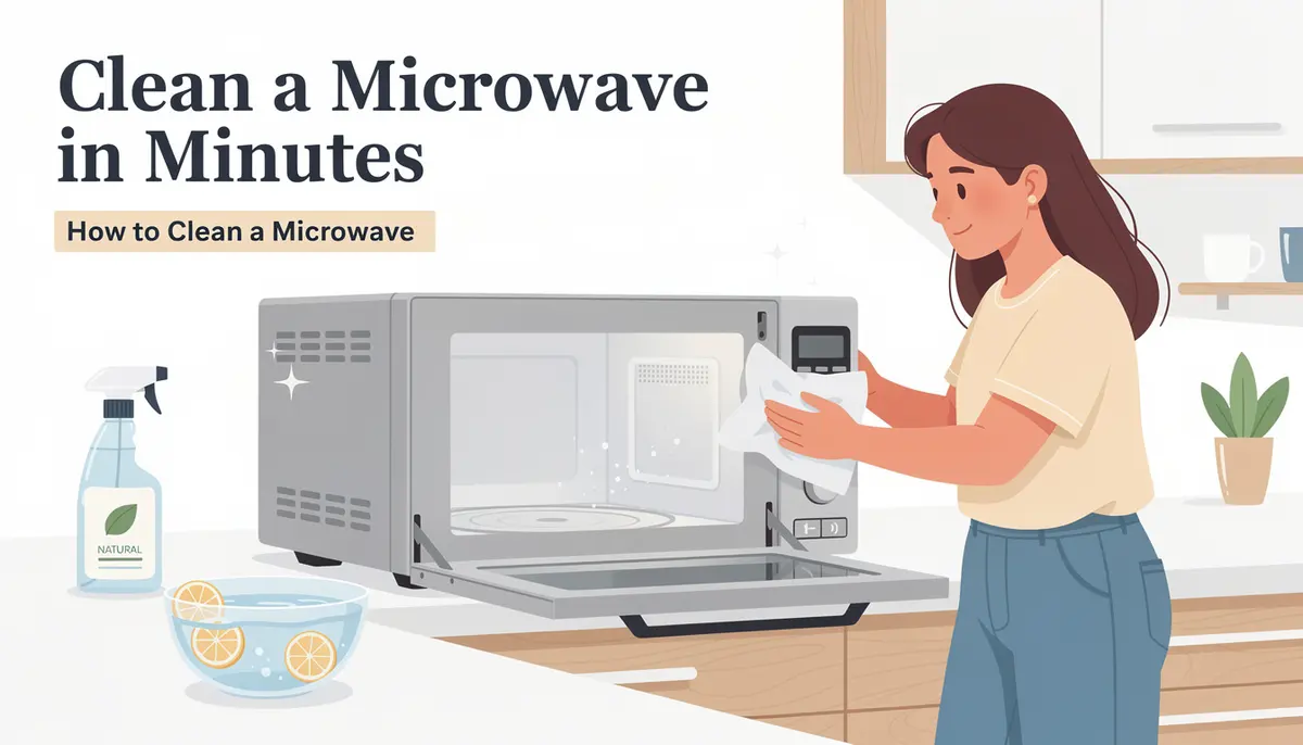 Woman wiping inside an open microwave with a cloth beside a natural spray bottle and lemon water bowl for quick steam