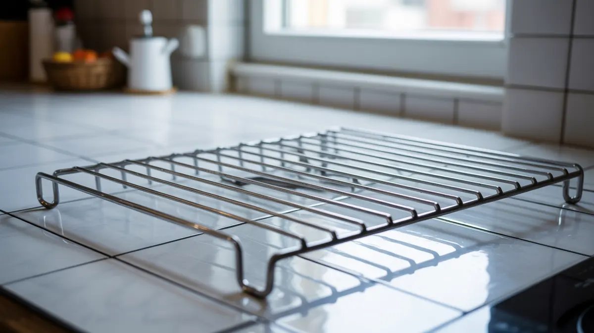 Shiny clean oven rack on tiled kitchen counter after soaking method for effortless oven rack cleaning without scrubbing
