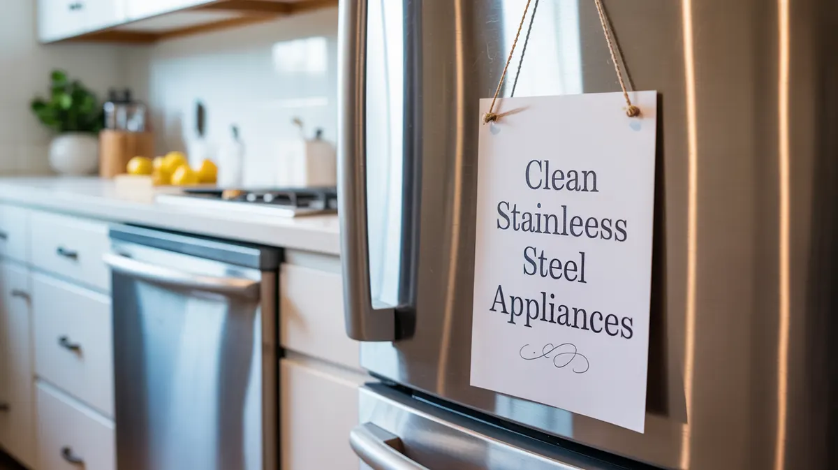 Stainless steel refrigerator with a sign reading clean stainless steel appliances for a streak-free kitchen finish