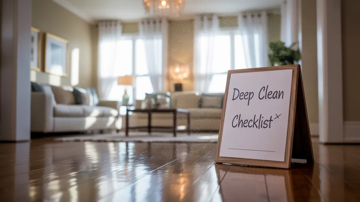 Deep clean checklist placed on a living room floor, illustrating steps for how to deep clean a house room by room.