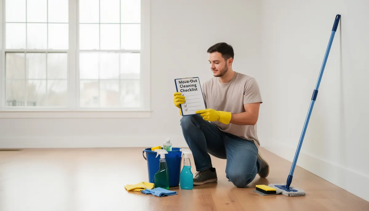 Man wearing yellow gloves reviews move-out cleaning checklist beside supplies and mop in empty room ready for home care