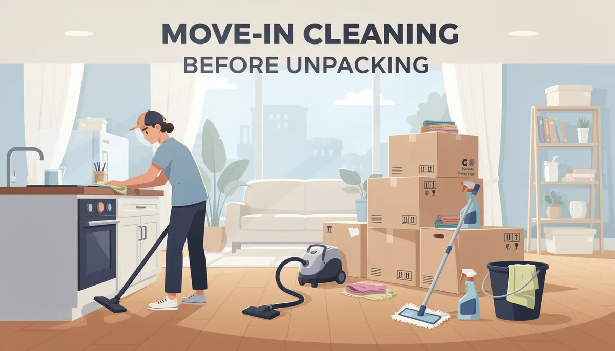Woman vacuuming kitchen during move-in cleaning, with mop, supplies and stacked moving boxes before unpacking in new