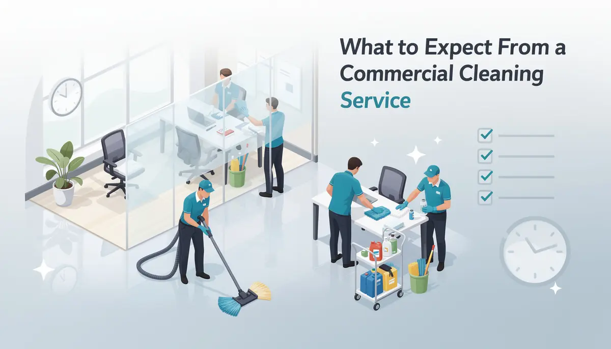 Commercial cleaning team vacuuming carpets, wiping surfaces, and organizing supplies in a modern office environment