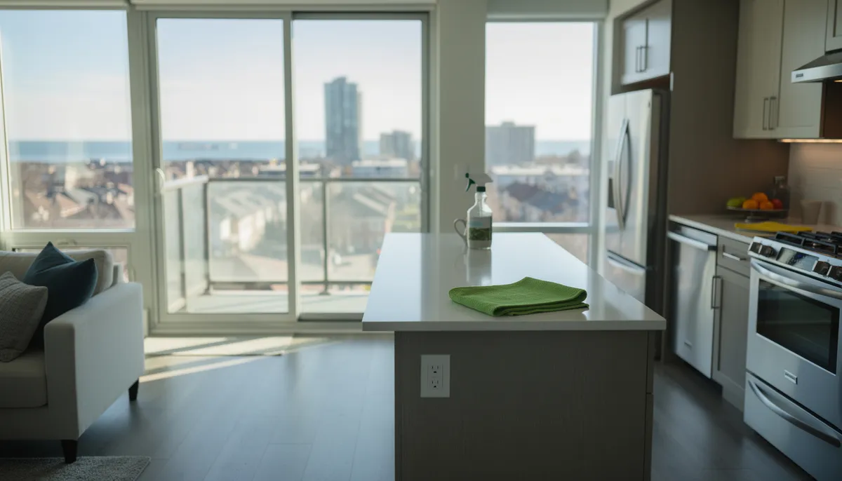 Modern condo kitchen island with spray bottle and cloth ready for daily condo cleaning tasks