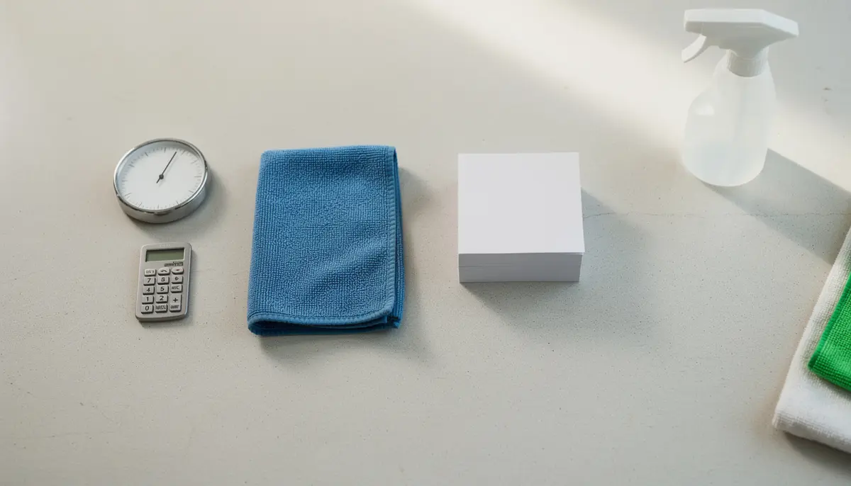 Calculator, timer, spray bottle and cloths arranged to calculate house cleaning hourly rates