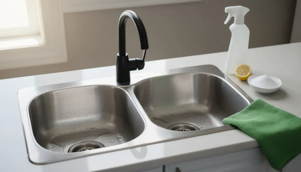 Stainless steel double sink with lemon, baking soda and spray bottle for natural kitchen sink cleaning