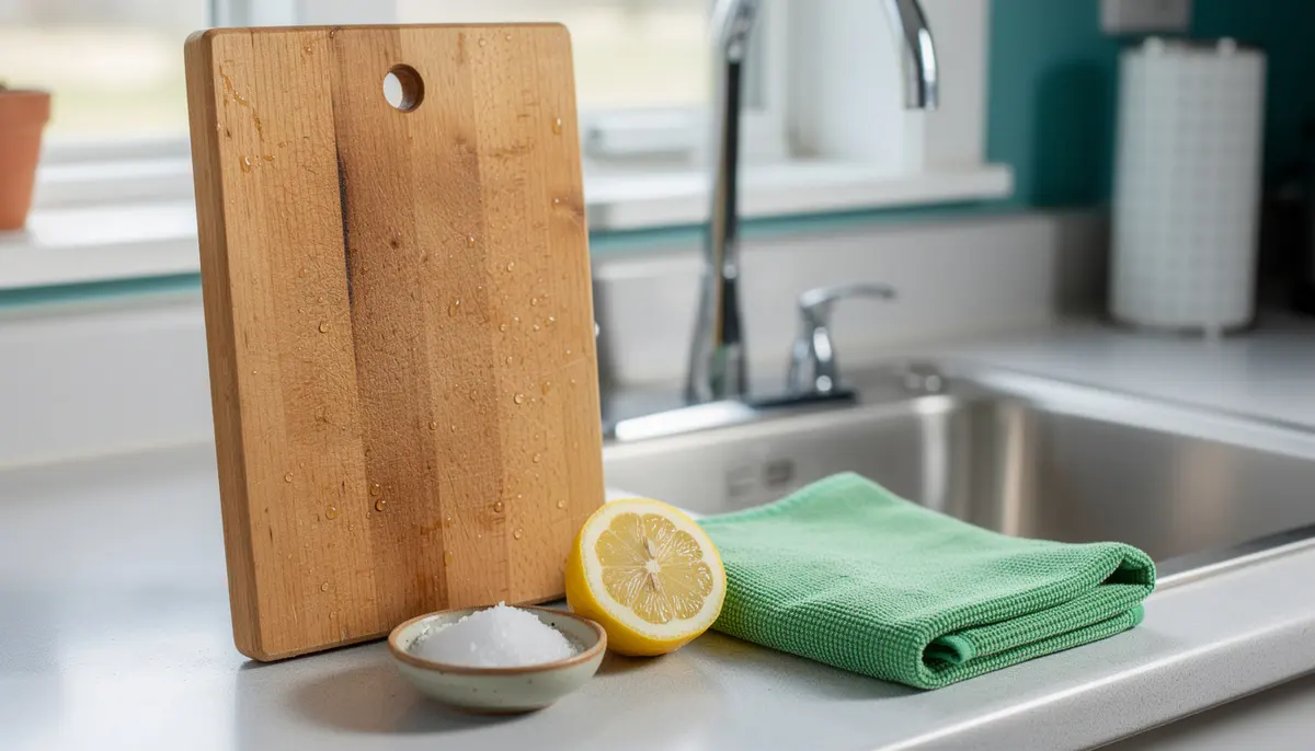 Wooden cutting board with lemon, salt, and cloth on kitchen counter for cleaning and sanitizing
