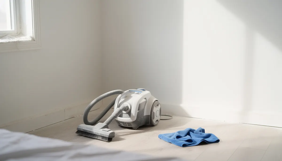 Canister vacuum with hose on wood floor next to cloth, ready to clean drywall dust after renovation