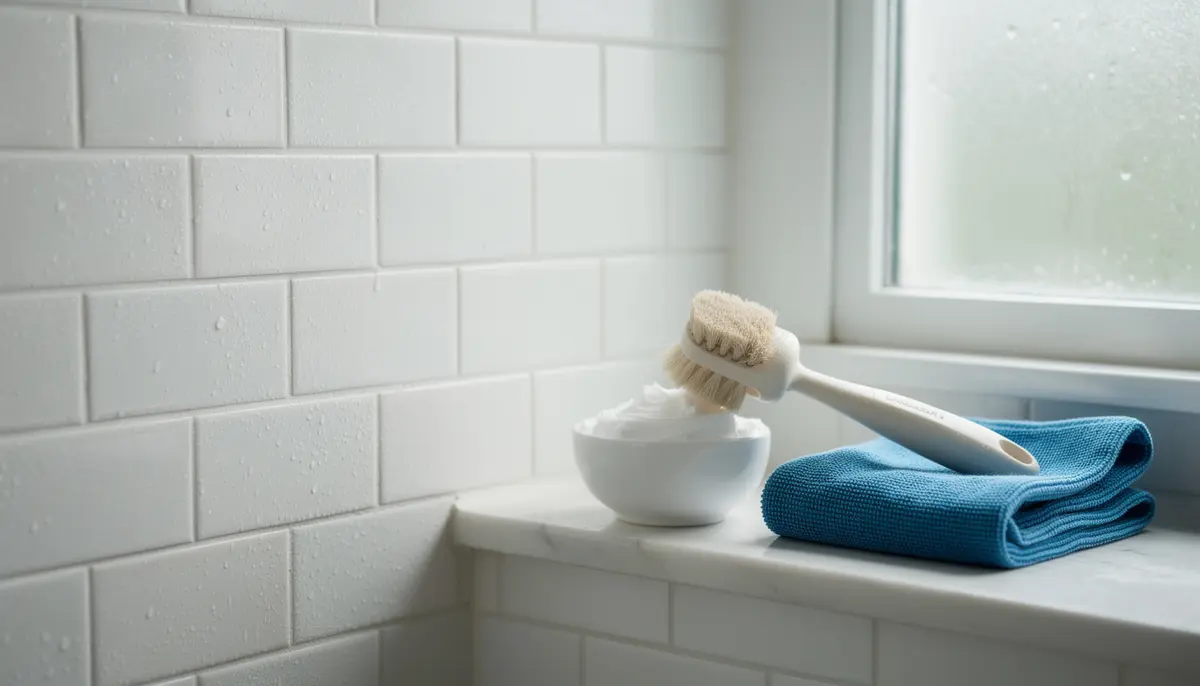 White tiled shower ledge with scrub brush, bowl of cleaner and towel for tile and grout cleaning