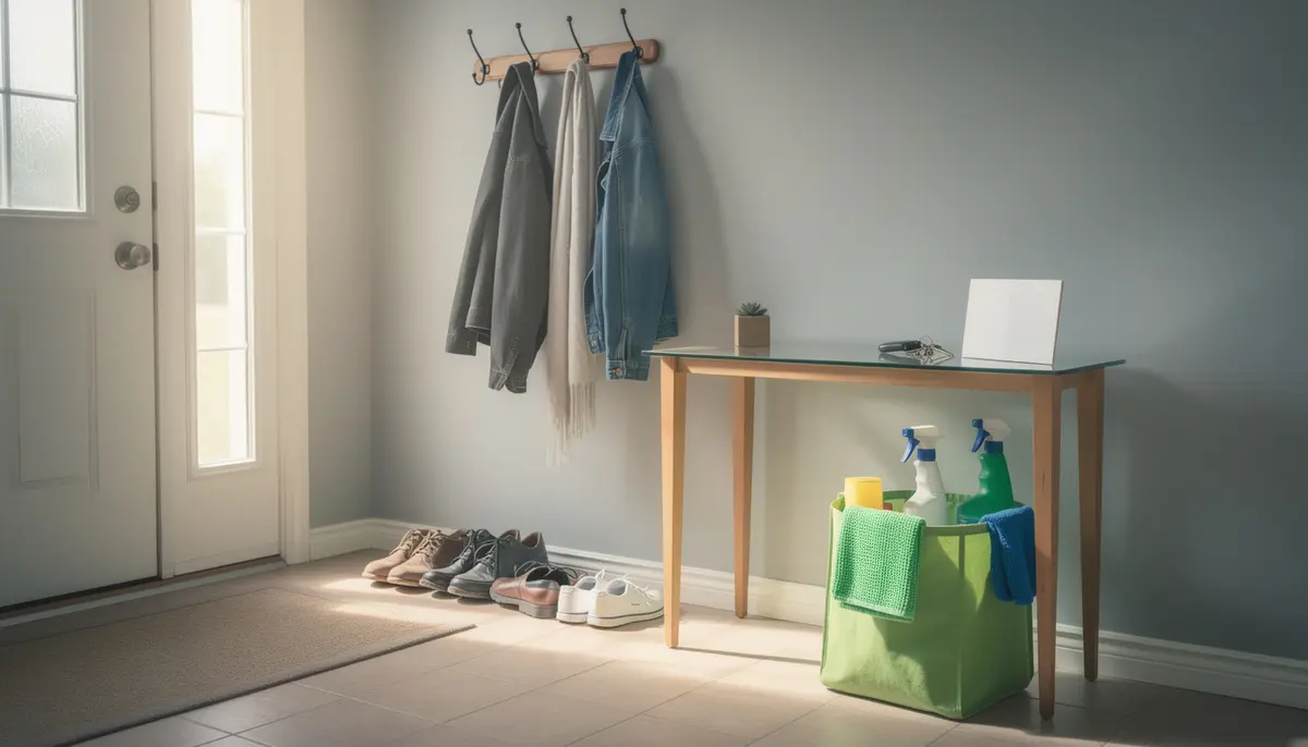Shoes lined up by the door and cleaning products organized on a console table to prepare for house cleaners