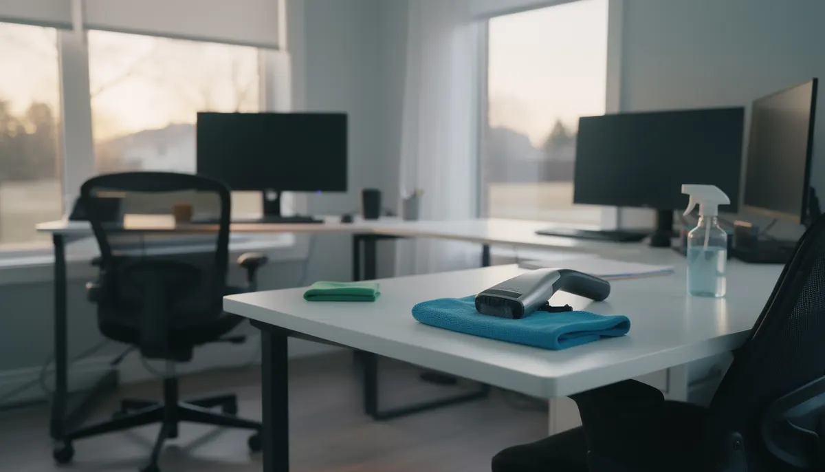 Clean office desk with spray bottle, blue cloth and handheld vacuum ready for daily cleaning tasks