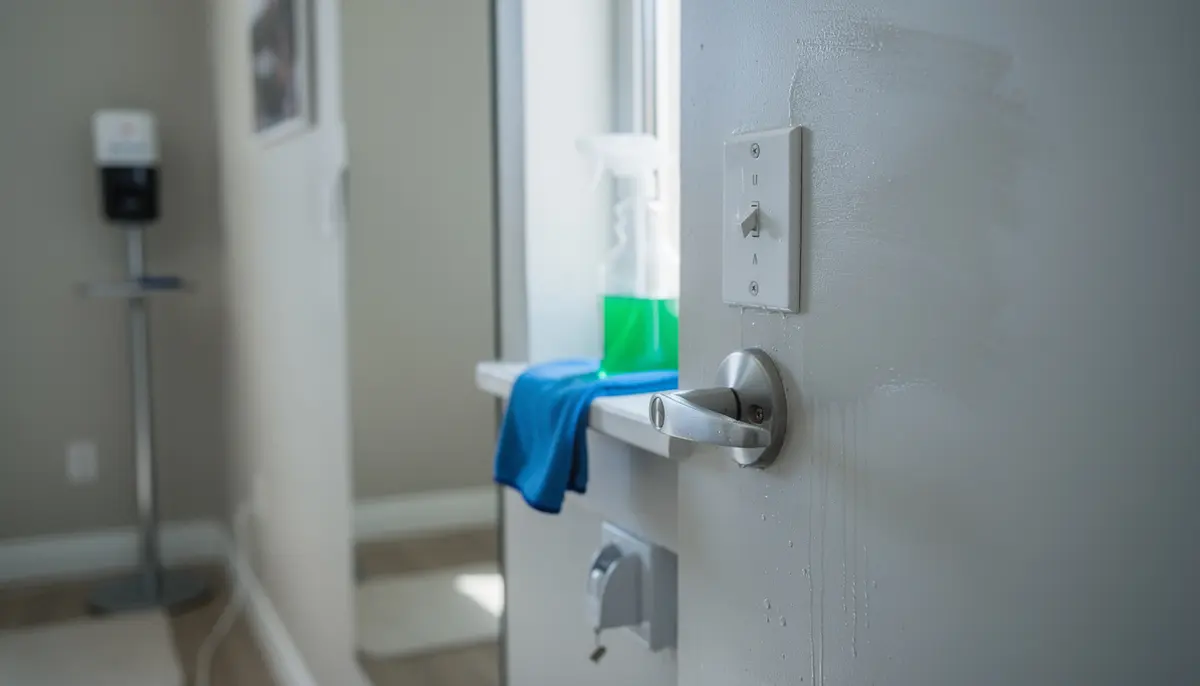 Disinfected office door handle and light switch with spray bottle and cloth for flu season cleaning