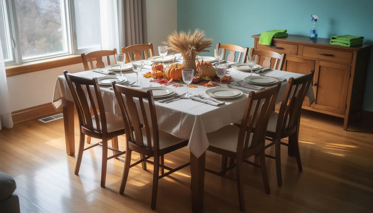 Polished dining table set for Thanksgiving with plates, glasses, and pumpkin centrepiece in a clean, guest-ready home